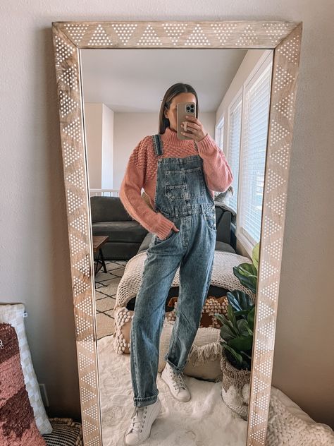 Overalls Teacher Outfit, Teacher Outfits With Overalls, Overall Teacher Outfit, Winter Overalls Outfit Sweaters, Maternity Overalls Outfit, Maternity Outfits Overalls, Teacher Fits, Work Fits, Teacher Outfit