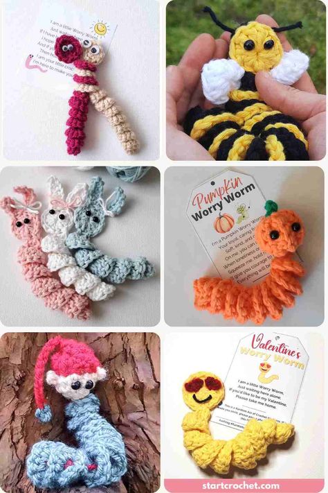 crochet worry worm patterns Pumpkin Worry Worm, Worry Worm Crochet Pattern, Worm Crochet Pattern, Bunny Pumpkin, Start Crochet, Worry Worms, Worry Worm, Crocheted Items, Crochet Bee