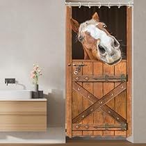 Barn Door Shower, Horse Barn Doors, Shower Curtain Funny, Western Shower Curtain, Horse Shower Curtain, Farmhouse Barn Door, Farmhouse Bathroom Accessories, Door Pattern, Horse Doors