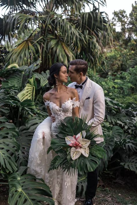 Bali Inspired Wedding, Jungle Wedding Dress, Vintage Tropical Wedding, Tropical Wedding Favors, Tropical Wedding Photos, Jamaica Elopement, Jamaica Wedding Dress, Tropical Wedding Bride, Thailand Photoshoot