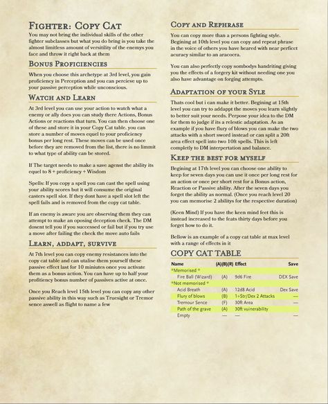 My homebrew fighter subclass. It focuses on copying the moves and abilitys of others for a short time to be as versitile as possible. Dnd Homebrew Rogue Subclasses, Homebrew Fighter Subclasses, Fighter Subclass Homebrew, Dnd 5e Homebrew Fighter Subclasses, Dnd Fighter Subclasses Homebrew, Fighter Subclass 5e, Homebrew Classes 5e, Subclasses 5e, Homebrew Races