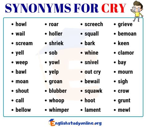 40 Popular Synonyms for CRY in English - English Study Online Synonyms For Scream, Synonyms For Replied, Essay Writing Skills, Descriptive Words, Good Vocabulary Words, Good Vocabulary, English Writing Skills, Words To Use, English Writing