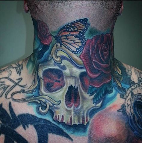 Neck Tattoo by Nate Beavers. #inked #inkedmag #tattoo #ink #neck #skulls #rose #colorful Men Throat Tattoo, Inner Thigh Tattoos, Forearm Tattoo Girl, Cute Thigh Tattoos, Ma Tattoo, Girl Neck Tattoos, Side Neck Tattoo, Skull Butterfly, Throat Tattoo