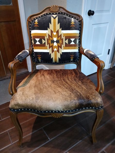 Cowhide Furniture Diy, Western Chair Makeover, Wood Refurbishing, Pendleton Furniture, Western Furniture Ranch Style, Western Chairs, Southwestern Chairs, Cowhide Chairs, Western Chair