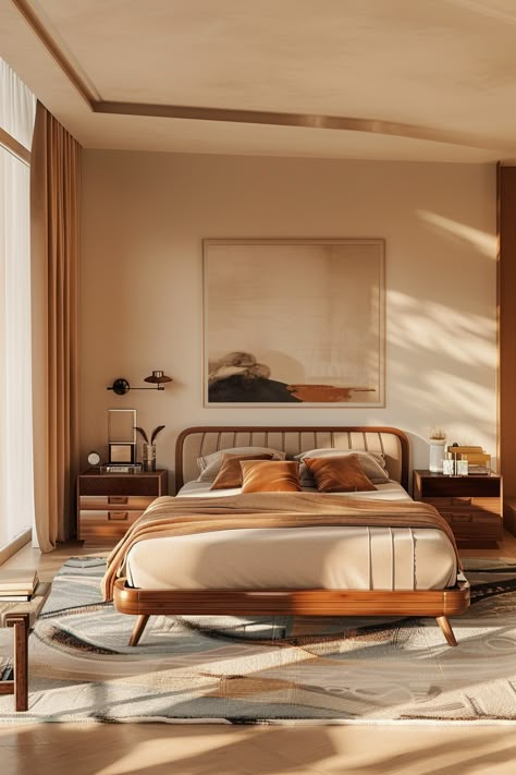 Bedroom Modern Mid Century, Mid Century Modern Inspired Bedroom, Cozy Modern Master Bedrooms Decor, Simple Mid Century Bedroom, Bedroom Eclectic Modern, Eclectic Mid Century Bedroom, Mid Century Modern Living Room Vintage, Midcentury Bedroom Aesthetic, Small Mid Century Bedroom