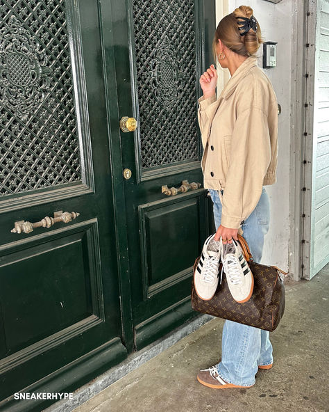 Channel urban cool with this outfit inspired by the Adidas Handball Spezial in Earth Strata Gum & Aluminum Core Black. Style them with denim jeans and a chic beige crop top under a tailored blazer. Complete the look with a Louis Vuitton bag for a touch of luxury. Perfect blend of casual and classy! #FashionInspo #AdidasOutfit Brown Adidas Spezial Outfit, Adidas Handball Spezial Outfit, Handball Spezial Outfit, Adidas Spezial Outfit, Spezial Adidas, Beige Crop Top, Sleek Outfit, Retro Adidas, Beige Crop Tops