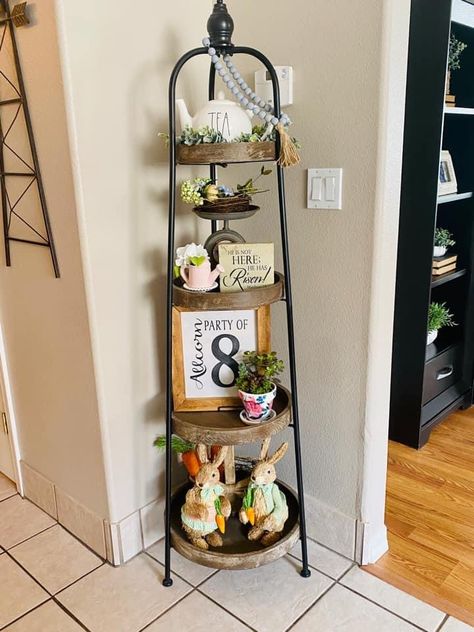 Farmhouse Den, Hobby Lobby Shelf Decor, Circle Shelves, Basket Tray Decor, Floor Shelves, Hobby Lobby Shelf, 3 Tier Shelf, Tiered Display, Tiered Tray Stand