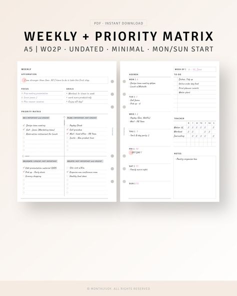 Undated Weekly Planner A5 Size Printable Weekly Agenda with Priority Matrix, WO2P Inserts, Productivity Planner, Weekly Work Template Sheet plannerdesign #muslimplanner #printablestudentplanner #cuteplanner🌲. Daily Work Planner, Weekly Hourly Planner, Weekly Planner Free, Student Planner Printable, A5 Planner Inserts, Weekly Agenda, Undated Weekly Planner, Simple Planner, Weekly Planners