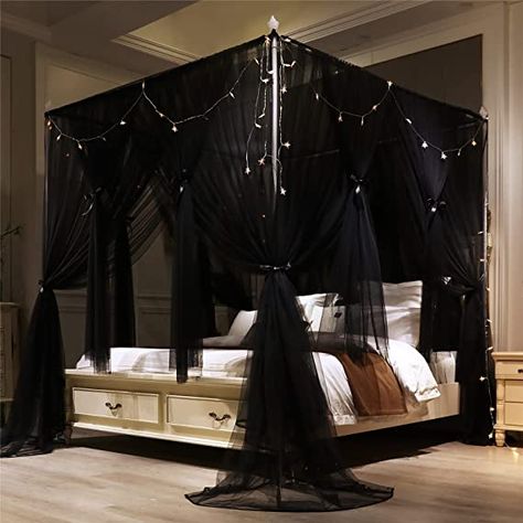 VETHIN 4 Corners Post Princess Bed Canopy Curtain Double Layer Cozy Drape Netting 4 Opening Mosquito Net for Girls & Adults Bedroom Decoration Accessories (Double Black, 53" W*78" L*82"*H/(Full)) Princess Bed Canopy, Princess Curtains, Black Canopy Bed, Adult Bedroom Decor, Princess Canopy Bed, Adults Bedroom, Bed Drapes, Canopy Bed Curtains, Canopy Curtains