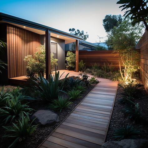 A natural timber decking path can be a great way to create a beautiful space at the entrance of your home. #landscape #garden #gardendesignideas #styling #renovation Modern Front Yard Landscaping Ideas Entrance Walkways, Front Walkway Ideas Entrance Pathways, Decking Path, Timber Walkway, Garden Design Pool, Deck Pathway, Side Landscaping, Entrance Landscape, Beautiful Houses Exterior