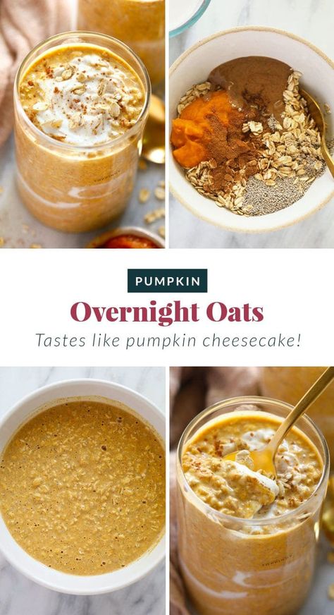 Fall calls for pumpkin overnight oats! This pumpkin cheesecake overnight oats recipe is made with rolled oats, chia seeds, Greek yogurt, pumpkin puree, and a little maple syrup. Pumpkin Overnight Oats Low Calorie, Overnight Oats With Pumpkin Puree, Fixate Meals, Greek Yogurt Pumpkin, Cheesecake Overnight Oats, Macro Food, Pumpkin Overnight Oats, Morning Oats, Pumpkin Puree Recipes