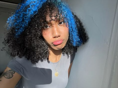 Black And Blue Hair Curly, Blue Skunk Stripe Hair Curly, Dyed Curly Hair Ideas Colour Blue, Black And Blue Natural Hair, Blue Skunk Stripe, Blue Skunk Stripe Hair, Blue And Purple Curly Hair, Dyed Underlayer Curly Hair, Blue Curly Hair