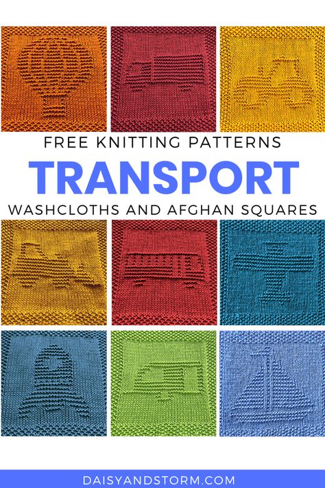 Free Transport Themed Dishcloth and Afghan Square Knitting Patterns Square Knitting Patterns, Daisy And Storm, Knit Squares, Knitted Squares Pattern, Knitted Squares, Knitted Dishcloth Patterns Free, Knit Dishcloth Pattern, Knitted Washcloth Patterns, Dishcloth Patterns Free