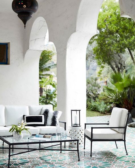 Who knew classic Hamptons could meet Moroccan style and it look this amazing?! Proof that our Bridgehampton Outdoor Collection really can… Outdoor Iron Furniture, Black Metal Outdoor Furniture, Black And White Patio Furniture, Arizona Patio, Courtyard Furniture, Black Patio Furniture, Outdoor Sofa Cushions, Wrought Iron Patio Furniture, Yard Furniture