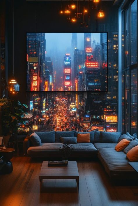 Cyberpunk Living Room, Cyberpunk Office, Cyberpunk Apartment, Room Decor Design, Luxury Modern Homes, High Tech Gadgets, Cool Coffee Tables, Neon Lighting, Graffiti Art