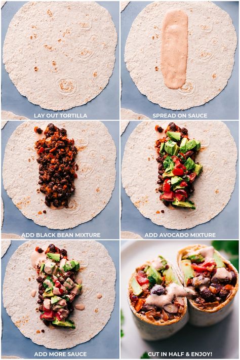 Black Bean Wraps (With A Chili-Lime Sauce) | Chelsea's Messy Apron Black Bean Hummus Wrap, Black Beans Burrito, Kidney Bean Burrito, Bean Wrap Recipe, Bean Wraps Healthy, Cold Burrito Wrap, Veggie Burrito Wraps, Black Bean Wraps Recipes, Black Bean Wraps