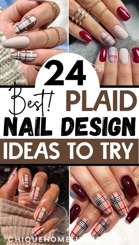 Get your nails ready for sweater weather with these 37 Best Plaid Nail Ideas to Perfect Your Cozy Look! 🧣✨ From classic red and black tartan patterns to modern pastel plaid designs, these nail ideas are perfect for winter vibes. Experiment with matte finishes, glossy topcoats, or even plaid accents paired with solid colors for a chic twist. Add festive touches like glitter stripes or gold detailing to elevate the look. Color Street Sweater Nails, Black And Gold Plaid Nails, Tartan Plaid Christmas Nails, Red Nails With Plaid Accent, Chrome Plaid Nails, Plaid Nail Art Tutorial, Xmas Plaid Nails, Brown Plaid Nail Designs, Flannel Nails Christmas