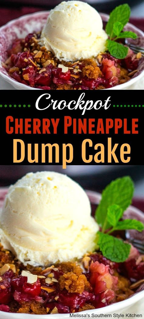 Dump Cake Crockpot, Cherry Pineapple Dump Cake Recipes, Easy Dump Cake Recipes, Crockpot Cobbler, Pineapple Dump Cake Recipe, Crockpot Cake, Cherry Pineapple Dump Cake, Cherry Dump Cake Recipe, Pineapple Dump Cake