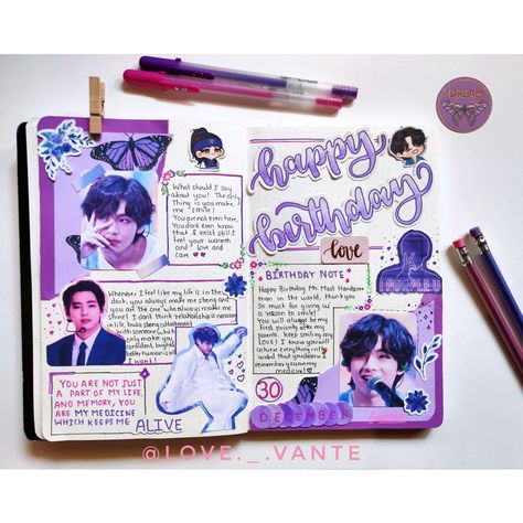 Kpop Journal Ideas First Page, Kpop Birthday Journal, Happy Birthday Journal Ideas, V Journal Ideas, Taehyung Journal Ideas, Kim Taehyung Journal, Happy Birthday Journal, Taehyung Journal, Happy Taehyung Day