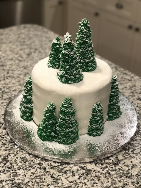 Cake frosted with buttercream.  Trees made using ice cream cones and buttercream with star tip.  Snow made with powdered sugar and luster dust. Winter Cakes Birthday, Green Buttercream Frosting, White Iced Cake, Christmas Tree Ice Cream, Fondant Tree, Green Buttercream, Christmas Ice Cream Cake, Mountain Cake, Snow Cake