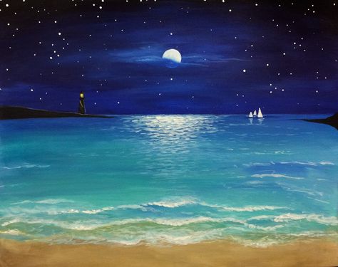 Night sky summer ocean beach painting Starry Night Beach Painting, Moon And Beach Painting, Night Time Ocean Painting, Night Sky Beach Painting, Night Time Beach Painting, Beach Painting Night, Summer Night Painting, Ocean Night Painting, Ocean At Night Painting