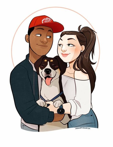 Family With Dog Illustration, Couple With Dog Illustration, Couple With Dog Drawing, Dog Illustration Art, Family Illustrations, Dog Design Art, Pets Portrait, Custom Portrait Illustration, Art Basics