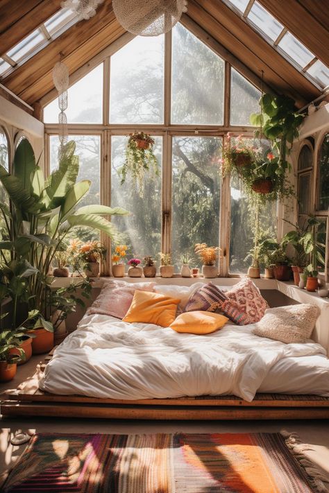 Biophilic Bedroom Ideas, Greenhouse Guest Room, Bedroom With Lots Of Plants, Greenhouse Bedroom, Biophilic Decor, Biophilic Bedroom, Cozy Treehouse, Luxury Bedroom Interior Design, Luxury Bedroom Interior