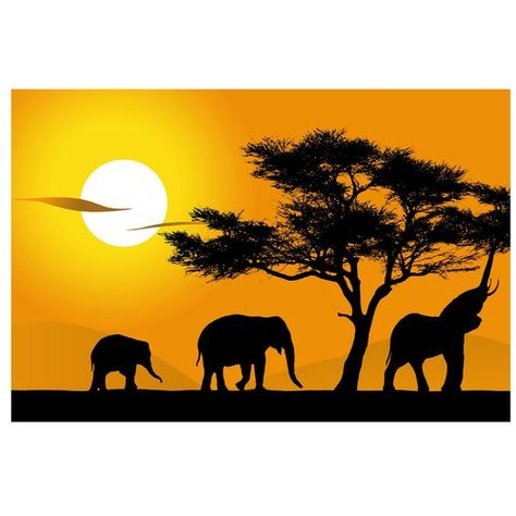 African Elephant Walk Semi-Gloss Wallpaper Roll East Urban Home Size: 3.36m x 225cm, Material quality: Premium (150g/m²) African Giraffe, Elephant Walk, Elephant Wall Art, Landscape Art Painting, Lake Wall Art, African Elephant, Map Painting, Support Mural, Photo Wallpaper