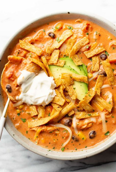 a bowl of creamy chicken tortilla soup with a spoon Creamy Chicken Tortilla Soup, Chicken Tortilla Soup Recipe, Salt Lavender, Chicken Tortilla Soup Easy, Mexican Soup Chicken, Chicken Tortillas Soups Recipe, Tortilla Soup Recipe, Savory Soups, Chicken Tortilla Soup