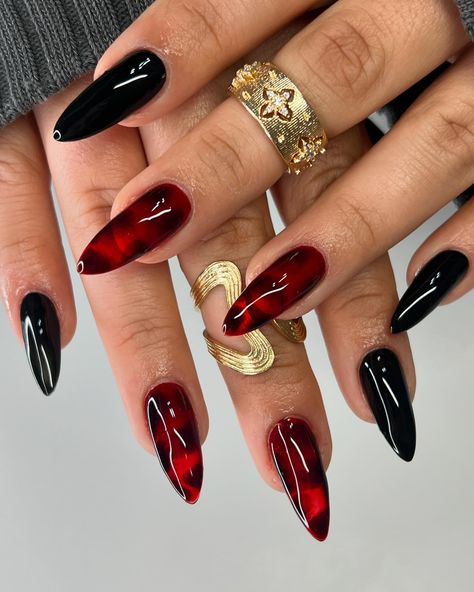 red tortoise shell nails ♥️♠️ • • • • #tortoisenails #rednails #blacknails #naildesign #bloominggel #almondnails #gelx #apresgelx Black And Red Tortoise Shell Nails, Red Lightning Nails, Abstract Red Nails, Red And Tortoise Nails, Burgundy Tortoise Shell Nails, Gasparilla Nails, Red Tortoise Nails, Red Tortoise Shell Nails, Black Red Nails Design