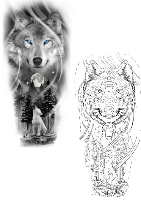 Wolf Tattoo Stencil Design, Baby Wolf Tattoo, Wolf And Cub Tattoo Design, Wolf Silhouette Tattoo, Wolf Head Tattoo Design, Wolf Tattoo Sketch, Wolf Tattoo Stencil, Wolfpack Tattoo, Half Sleeve Tattoos Wolf