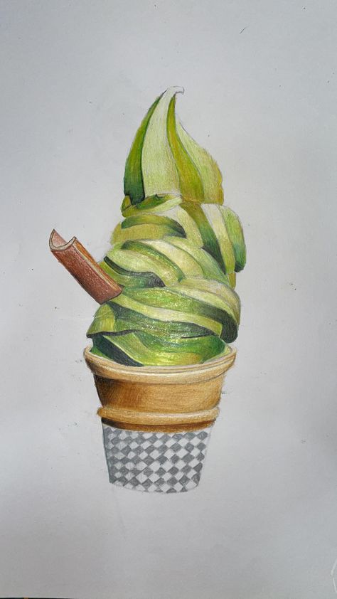 Ice Cream Drawing Realistic, Ice Cream Drawing, Cream Drawing, Matcha Ice Cream, Drawing Realistic, Iced Matcha, Colored Pencils, Matcha, Ice Cream