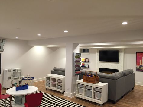 Before & After: Lacey's Multifunctional Basement — The Big Reveal Room Makeover Contest 2015 Basement Upgrades, Basement Layout, Basement Playroom, Basement Reno, Basement Inspiration, Basement Living Rooms, Diy Basement, Basement Family Room, Basement Apartment