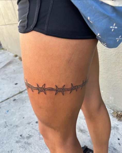 Barbed Wire Tattoo Around Leg, Barbwire Leg Tattoo, Barbwire Tattoo Thigh, Bar Wire Tattoo, October Tattoos, Barbwire Tattoo, Barbed Wire Tattoo, Wire Tattoo, Barbed Wire Tattoos