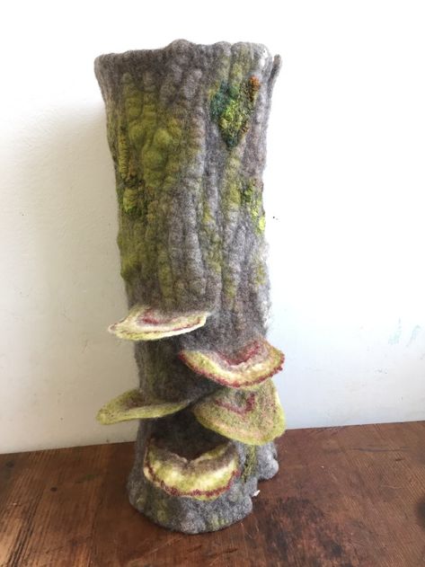 Felted Mushrooms Tutorial, Felt Playscape, Fabric Vessels, Mushroom Ideas, Felt Objects, Felted Tree, Felt Sculpture, Diy Moss, Wool Batts