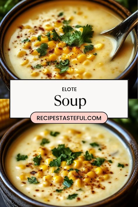 Enjoy a creamy, flavorful bowl of Elote Soup that captures the essence of traditional Mexican street corn. This vegan version is rich in spices and topped with a delicious crema, making it a comforting dish perfect for any occasion. Elote Soup, Mexican Corn Soup, Mexican Street Corn Soup, Street Corn Soup, Corn Soup Recipes, Ancho Chili Powder, Mexican Corn, Vegan Mayo, Vegan Sour Cream