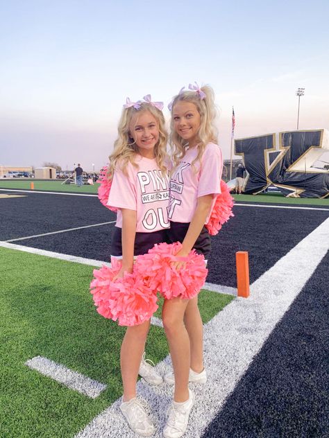 Pink Out Football Game Cheerleaders, Cheerleader Outfits High School, Pink Out Cheerleaders, Pink Out Cheer Ideas, Cheer Pink Out, Pink Cheerleader Aesthetic, High School Cheer Uniforms, Pink Out Football Game Outfits, Pink Out Cheer