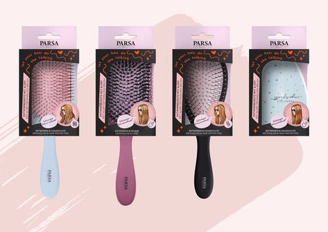 Structural design and graphic design for PARSA Beauty, hair accessories. Hair Brush Packaging, Hair Packaging Design, Structural Design, Dry Brushing, Beauty Hair, Package Design, Brand Packaging, Wet And Dry, Hair Brush