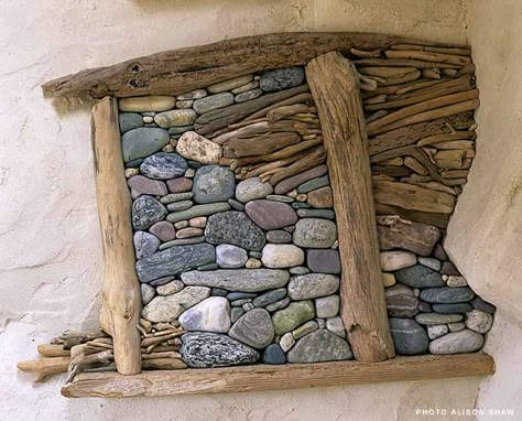 Lew French Diy Driftwood, Driftwood Projects, Rock Sculpture, Pebble Mosaic, Driftwood Decor, Into The Wood, Driftwood Crafts, Sticks And Stones, Beach Crafts