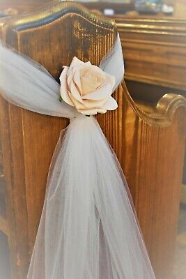 Wedding Church Voile Tulle Rose Flower Pew Ends ~DIY Decorations ~ Mocha Pink | eBay Pew Bows Wedding Tulle, Wedding Decor Tulle, Lily Flowers Wedding Decor, Tulle Pew Decorations, Tulle On Pews For Wedding, Tulle Ideas Decoration, Diy Wedding Pew Decorations, End Of Pew Wedding Decor, Pew Bows Wedding Church