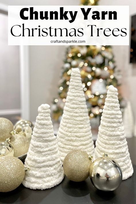 Chunky Christmas Tree, How To Make Chunky Yarn Christmas Tree, How To Make Chunky Yarn Christmas Trees, How To Make Yarn Ornaments, Crafts Using Chunky Yarn, Chunky Yarn Christmas Trees, Chunky Yarn Christmas Tree Diy, Chunky Yarn Trees Christmas Diy, Chunky Knit Christmas Tree