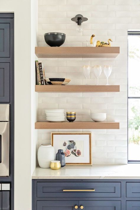 handcraft white tile backsplash in kitchen Ashley Martin, Kitchen Seating Area, Kitchen Desk Areas, Restoration Hardware Table, European White Oak Floors, Florida Project, Kitchen Floating Shelves, White Tile Backsplash, Lakeland Florida