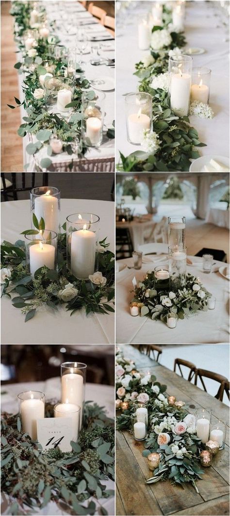 Wedding Centerpieces With Candles And Flowers, Daytime Wedding Centerpieces, Non Floral Wedding Centerpieces Elegant, Buffet Style Wedding Reception Tables, Flameless Candle Centerpieces, March Wedding Centerpieces, Wedding Reception Round Table Decor, Elegant Wedding Reception Decorations, Candles For Wedding Tables