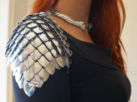 Silver scale mail spaulders shoulder armor by Silmarilclothing Armor Diy, Scale Armor, Scale Mail, Dragon Scales, Shoulder Armor, Dragon Scale, Fantasy Costumes, Fantasy Armor, Body Armor