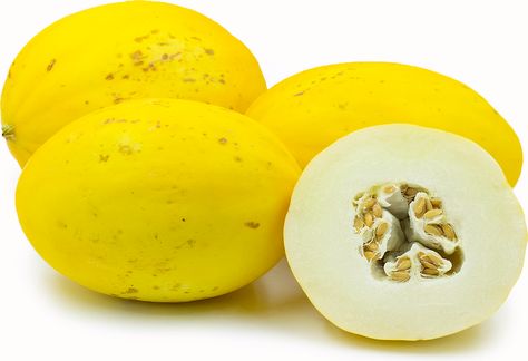 The Canary melon is oval-shaped, with a smooth skin. When the melon is ripe, its hard rind turns bright yellow, it develops a corrugated look and a slightly waxy feel and its flesh will be pale ivory in color. The texture of the flesh is notably succulent, almost wet and semi firm, similar to a ripe pear. Within the flesh, the fruit bears a dry salmon-orange seed cavity. The melon possesses flavors both tangy and mildly sweet. Its aromatics linger with nuances of banana and pineapple and a sligh Choy Sum, Winter Melon, Pigeon Peas, Apricot Recipes, Honeydew Melon, Bell Pepper Recipes, Kaffir Lime, Beet Recipes, Artichoke Recipes