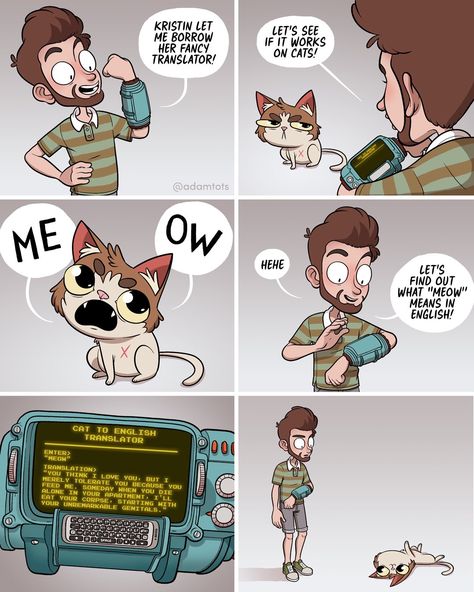 adam ellis on Twitter: "I love using my P̶i̶p̶-̶B̶o̶y̶ Cat Translator to communicate with Maxwell.… " Adam Ellis Comics, Adam Ellis, Pip Boy, Funny Comic Strips, Living Under A Rock, Dark Memes, Funny New, Jokes Pics, Harry Potter Memes