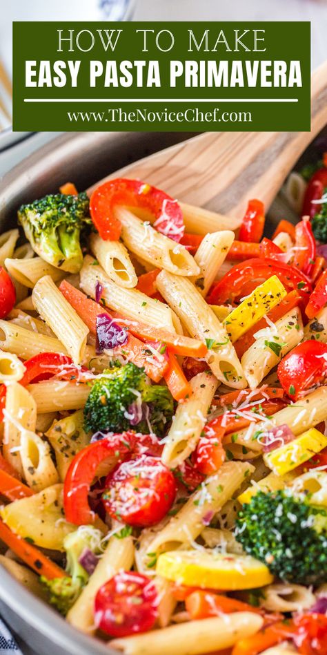 My kids LOVE this easy and quick Rainbow Veggie Pasta! Pasta Primavera is a hearty dinner recipe, made with all of your favorite garden vegetables and herbs! Veggie Pasta Dinner, Easy Pasta Primavera, Veggie Pasta Recipes, Vegetable Pasta Recipes, Primavera Recipe, Pasta Primavera Recipe, Cake Pizza, Recipes Meat, Hearty Dinner Recipes