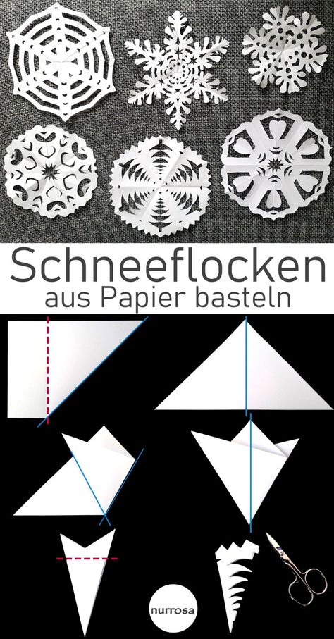 Schneeflocken aus Papier basteln – DIY – nurrosa Romantic Template, Scary Christmas, Christmas Vases, Cute Origami, Winter Kindergarten, Snow Flakes Diy, Clothes Organization Diy, Sewing Crafts Tutorials, Kindergarten Crafts