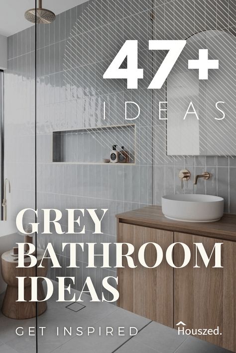 Grey Bathroom Cabinets With Wood Floors, Grey Bathroom With Wood Vanity, Grey Tile Bathroom Floor Wood Vanity, Gray And Wood Bathroom Ideas, Grey Tiled Bathrooms Ideas, Bathroom Grey And Wood, Grey Bathroom Tiles Colour Schemes, Grey And White Bathroom Ideas Modern, Light Grey Bathroom Tiles