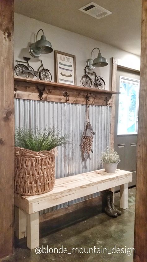 Corrugated Metal Wall, Basement Entry, Rustic Mudroom, Stained Concrete Floor, Mountain & Lake Decor Rustic Farmhouse Entryway, Traditional Farmhouse Decor, Corrugated Metal Wall, Design Ložnic, Concrete Stained Floors, Mudroom Design, Foyer Decorating, Antique Collectors, Rustic Living Room